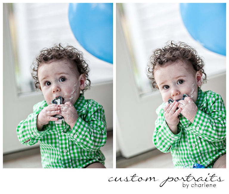pittsburgh baby photographer first birthday cake smash session hopewell township boy first birthday 1st bday balloons cake gingham green blue (13)