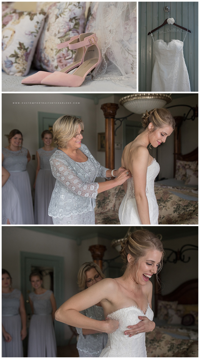 <alt> pink velvet bridal shoes custom wedding gown hanger mother of the bride floral bedding bed and breakfast smiling mom happy daughter laughter and bridesmaids pittsburgh wedding day <alt>