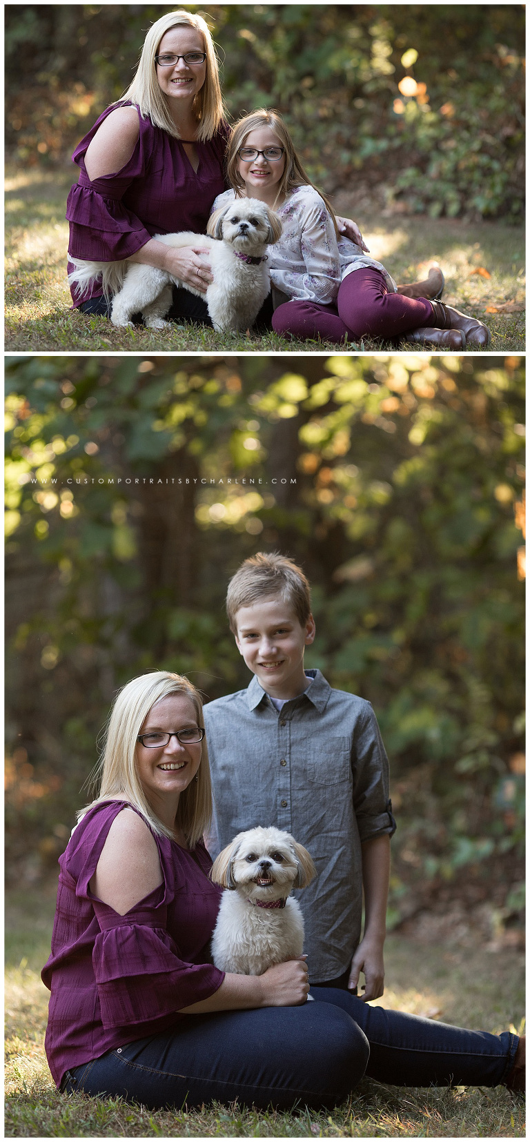 <alt> Mother Daughter Mother Son Dog Portrait Session Pittsburgh Family Outdoors Sunshine Jeans Burgundy Shirt Burgundy Pants Glasses Boots Smiling Fun Smiles Nature Sunshine Outdoors <alt>